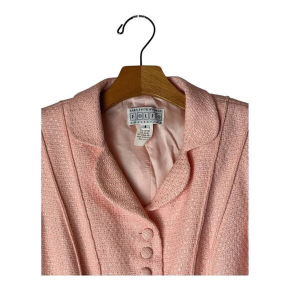 Saks Fifth Avenue Coat Women 6 Pink Tweed Collared Button Front Blazer Retro - Picture 3 of 8